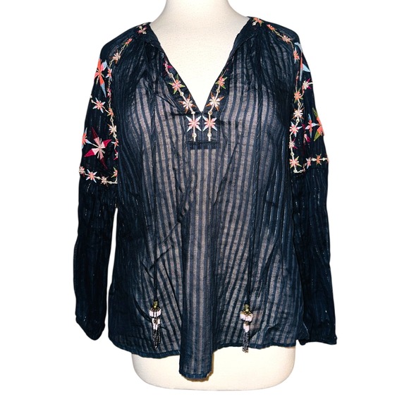 WB4 Belle Vere Anthropolgie Boho Embroidered Tunic Top Sheer Long Sleeve Blouse - Picture 1 of 7